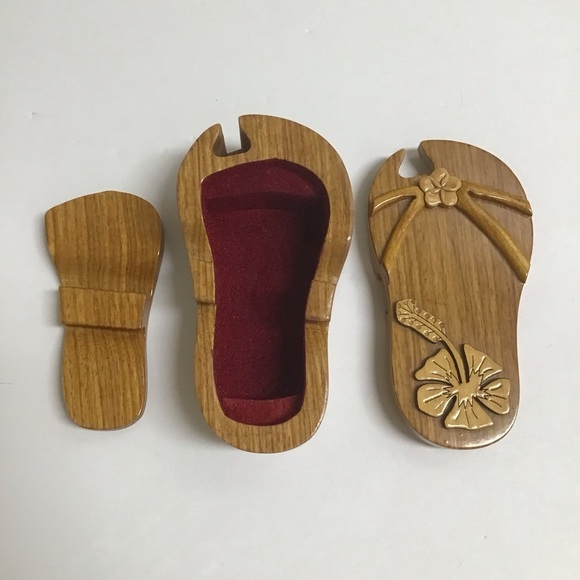 Flip Flop Wood Puzzle Box Secret Jewelry Box Polished Velvet Lined Hawaii Floral - Picture 8 of 16